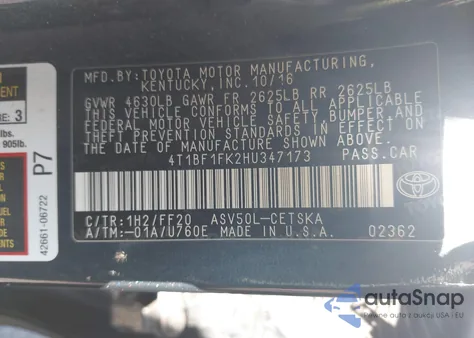 2017 Toyota Camry Se из США, поврежденный, VIN 4T1BF1FK2HU347173